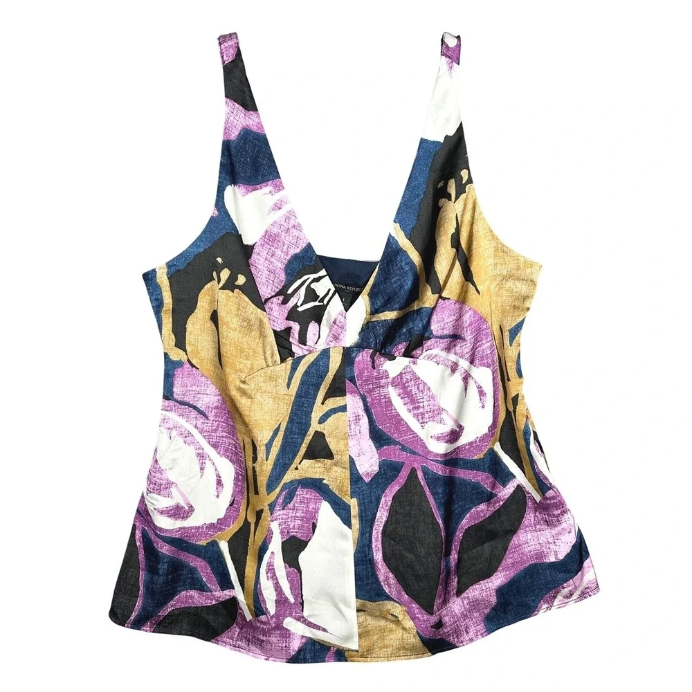 Banana Republic Floral Camisole Women L Purple Gold V-Neck Satin Side Zip Top - Picture 2 of 10
